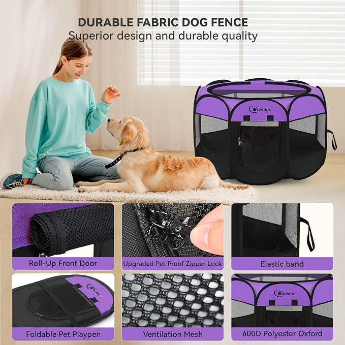 Siedihit Large Dog Playpen, Puppy Pet Playpen Indoor, Dogs Tent Crates Cage | Indoor/Outdoor, Portable Pop Up Dog Kennel Playpen with Carrying Case for Dogs/Cats/Rabbits, Purple