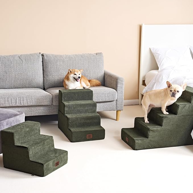 EHEYCIGA Dog Stairs for High Bed 22.5" H, 5-Step Dog Steps, Military Green | Pet Steps for Small Dogs and Cats for Bed, Non-Slip Balanced Pet Ramp Indoor