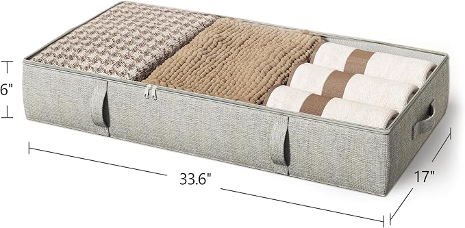 2-Pack Under Bed Storage Containers, 6 Inches Tall Clothes Storage, Grey | High Side Collapsible Underbed Organizer Bin with Sturdy Sidewalls/Bottom, Cotton Linen Bins, For Seasonal Clothes & Bedding