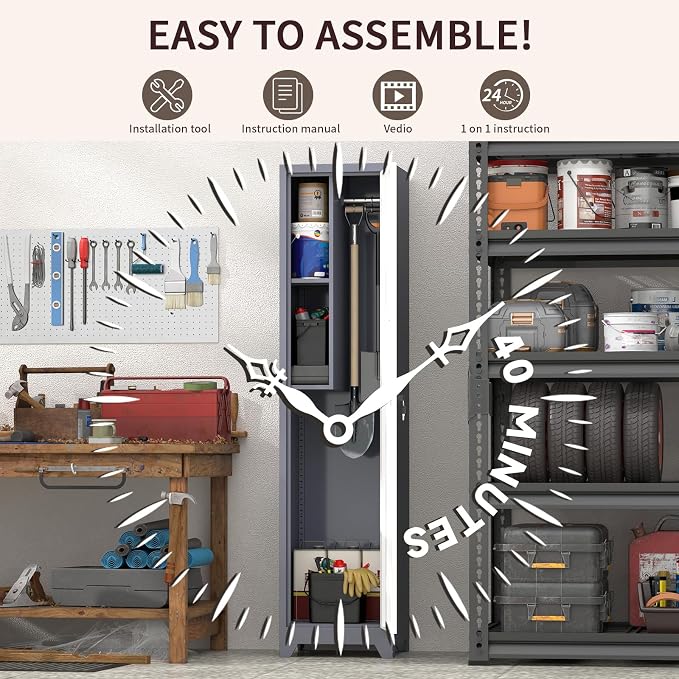 65" H Broom Closet Storage Cabinets, Utility Cabinet for Brooms and Mops, Steel Cleaning Tool Cabinet with Hanging Rod & S-Hooks for Bathroom, Garage, Laundry Room