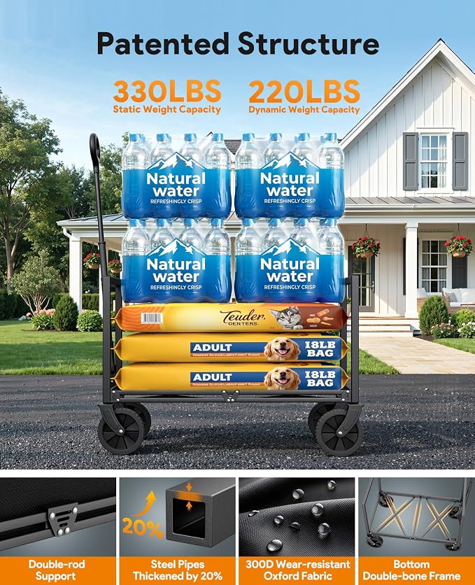 Collapsible Wagon Cart with Wheels, 220LBS for Grocery Shopping Camping | 110L Capacity Wagons Carts Foldable,220LBS Heavy Duty Wagon Carts, Lightweight Portable Utility Cart,All-Terrain Wheels