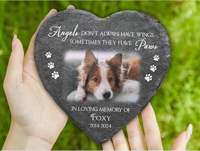 Wrappiness Pet Memorial Stone - Angels Sometimes Have Paws, Personalized Dog Memorial Gifts, Remembrance Condolence Bereavement Gifts for Loss of Pet Custom Photo (Heart 03, Stone with Stand)