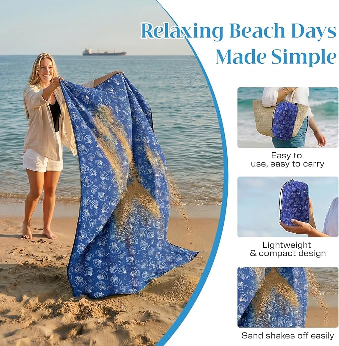 OIGAE Beach Blanket Waterproof Sandproof Oversized Beach Mat | Picnic Mat with Stakes, Storage Bag - Essentials for Outdoor Beach, Picnic,Quick-Dry Lightweight,Windproof Pockets