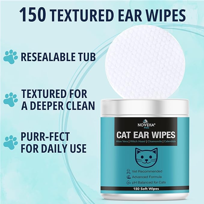 NOVEHA 150 PCs Cat Ear Wipes that Gently Clean & Soothe Sensitive Cat Ears; Soft Ear Cleaner for Removing Wax, Dirt & Odor; Alcohol-Free Ear Care with pH Balanced Formula; Unscented Grooming Care