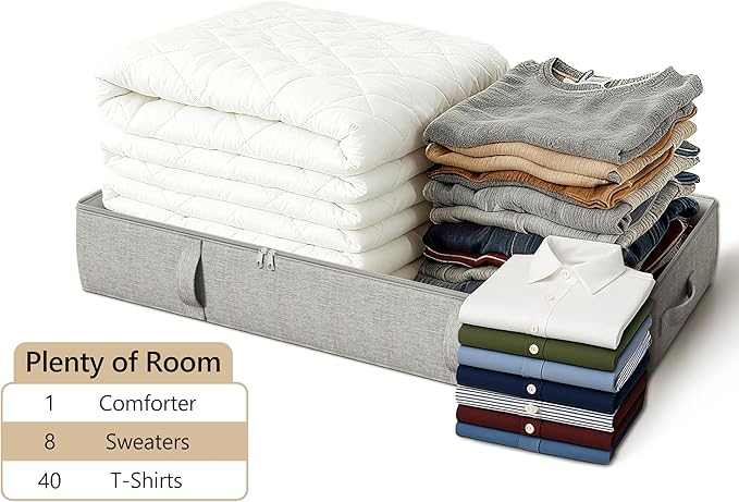 2-Pack Under Bed Storage Containers, 6 Inches Tall Clothes Storage, Grey | High Side Collapsible Underbed Organizer Bin with Sturdy Sidewalls/Bottom, Cotton Linen Bins, For Seasonal Clothes & Bedding
