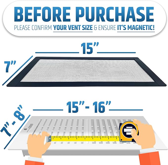 Powerful Magnetic Vent Screen Mesh Covers (3-Pack) that Will Never Move or Fall - for Floor, Wall & Ceiling Registers of Width 7" to 8", Length 15" to 16" - Super Strong Neodymium Magnets | Black
