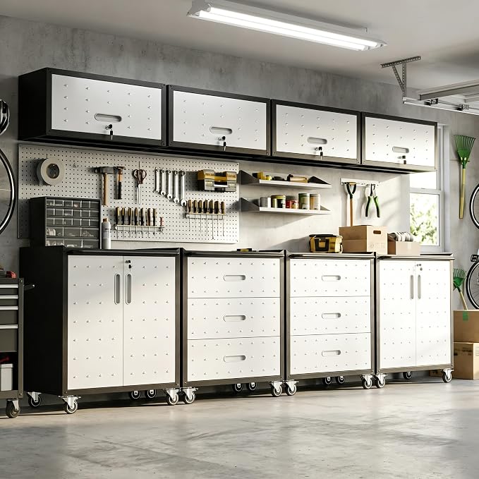 Garage Cabinet System | Heavy Duty Steel All-in-One Modular Garage Cabinet Set for Ultimate Workshop Organization | Easy Assembly Garage Storage Cabinets & Tool Bench