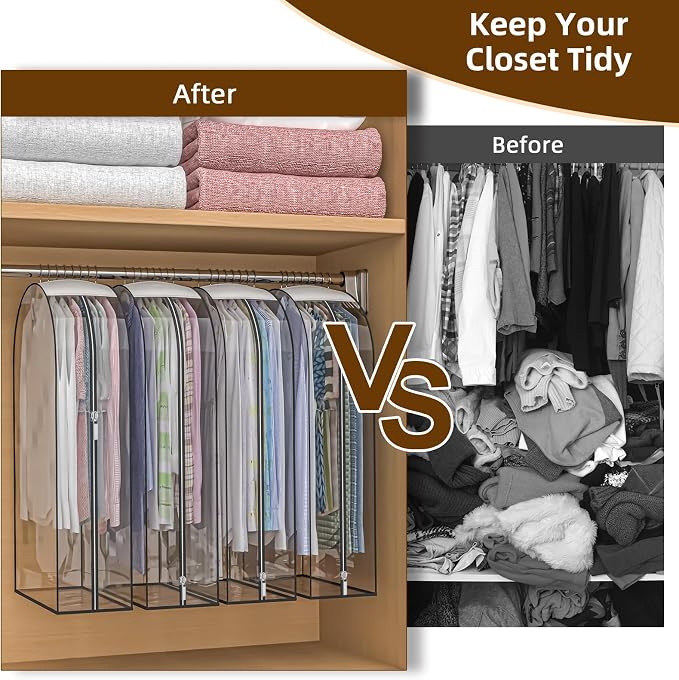 Clear Garment Bags for Hanging Clothes, 4-Pack, 32" | Upgraded thickened clear garment bags with 10" gusset for closet storage of shirts, coats, dresses