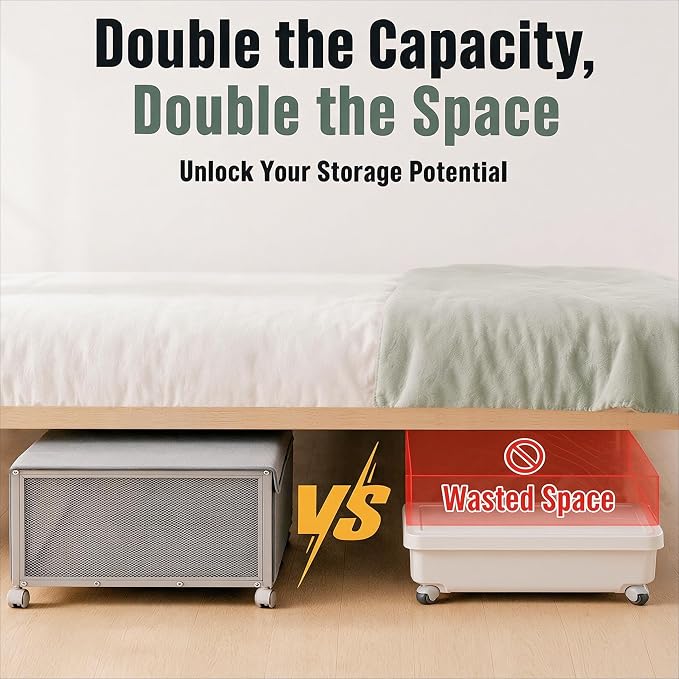 Fokyfok 2Pack Under Bed Storage Containers,10 inch Height,31 inch Long | Under Bed Shoe Storage,Underbed Storage with Wheels,Large Rolling under bed Clothes Storage Drawers,Lid,Dorm Tall,Grey