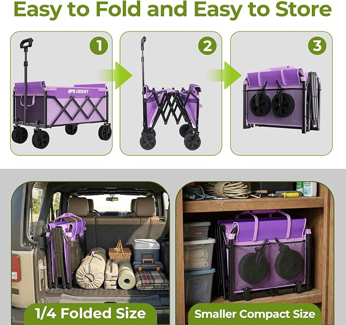 Purple Small Collapsible Wagon Cart, Lightweight Folding Utility Cart with Wheels, 220lbs Capacity Portable Grocery Cart for Sporting Events, Garden, Shopping (Purple)