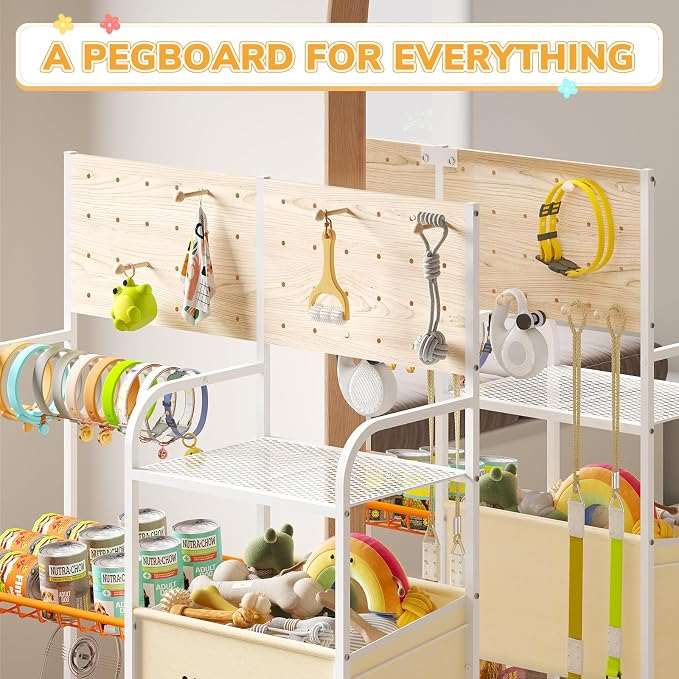 Dog Toy Basket with Pegboard, Dogs Toy Bin with Storage Organizer, All-in-One Dog Stuff Box & Essential Holder, Perfect Basket for Dog Toys in Living Room, Great Gifts for Pet Lovers, White