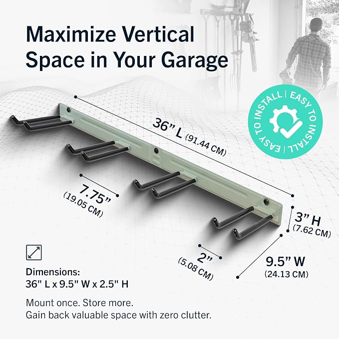 StoreYourBoard Garage Tool Organizer, 36 in, Holds 250 lb | Garden Tool Rack Wall Mount, Garden Tool Organizer, Shovel Wall Mount, Rubber Coated Hooks