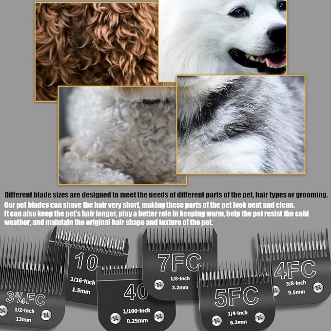 6 Packs Detachable Dog Grooming Steel Blades,Compatible with Andis,Oster A5,Wahl KM-10 Series,Cutting Length 1/100" to 1/2"(10+40+7FC+5FC+4FC+3-3/4FC-black)