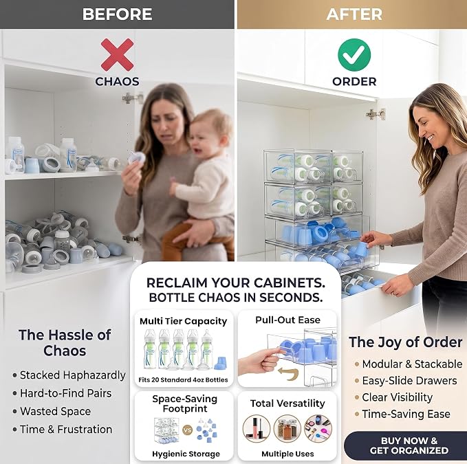 6-Pack Stackable Storage Drawers with Labels - Clear PET Pull-Out Organizer Bins for Pantry, Bathroom, Vanity, Cabinet, Countertop | Baby Bottle Organizer