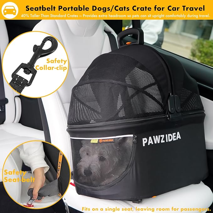 PAWZIDEA Portable Small Dog Crate for Car Travel Up to 33lbs, No-Zip Canopy | Enclosed Dog Car Seat Escape-Proof, Soft-Sided Small Medium Puppy Cats Car Kennel, Foldable Pet Carrier by Seatbelt, Top-Load