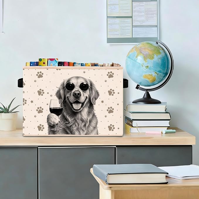 Golden Retriever Wine Storage Bin, Foldable Organizer Basket | Funny golden retriever wine storage bin with sunglasses dog design, paw print pattern, foldable fabric and handles.