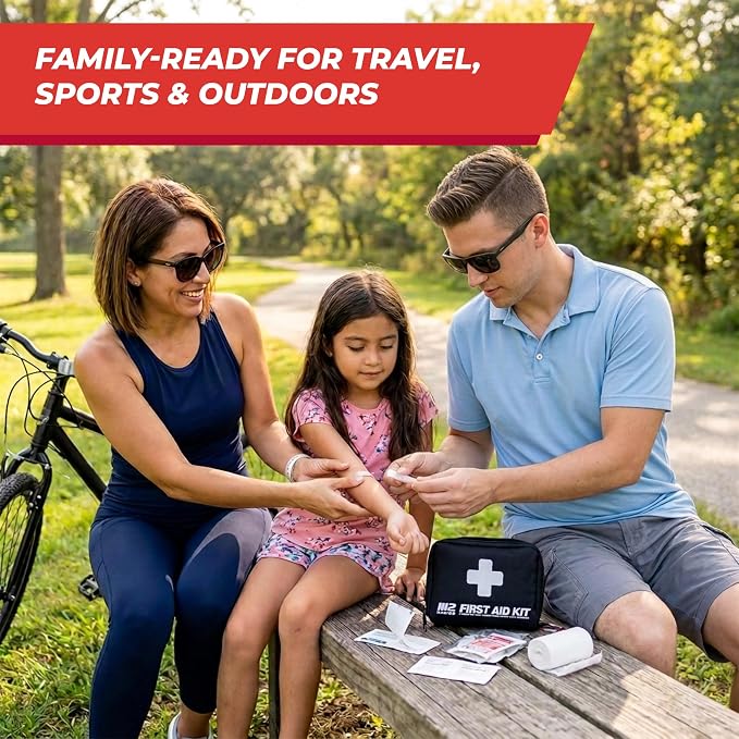 M2 BASICS 150 Piece Premium First Aid Kit, Compact Bag for Purse & Travel | On-The-Go Emergency Use, Backpack, Glove Box, Luggage, Carry-On, School, Sports, Car, RV, Boat, Hiking, Camping And Dorm