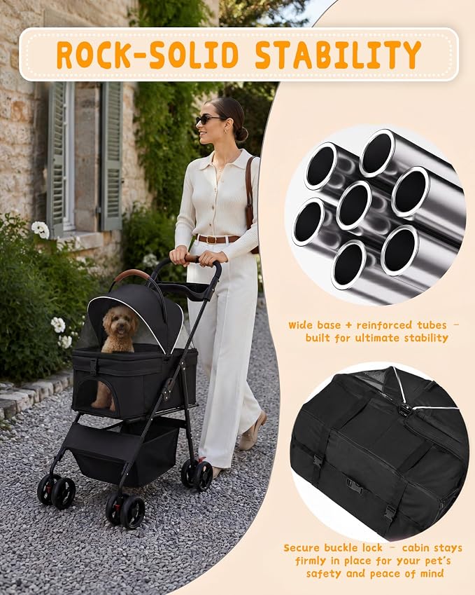 Pet Stroller, 3 in1 Foldable Dog Cat Stroller with Detachable Carrier-Black | 35lbs Lightweight Foldable Dog Stroller, All-Terrain 4 Wheels, Compact Travel Pet Stroller for Small to Medium Pets