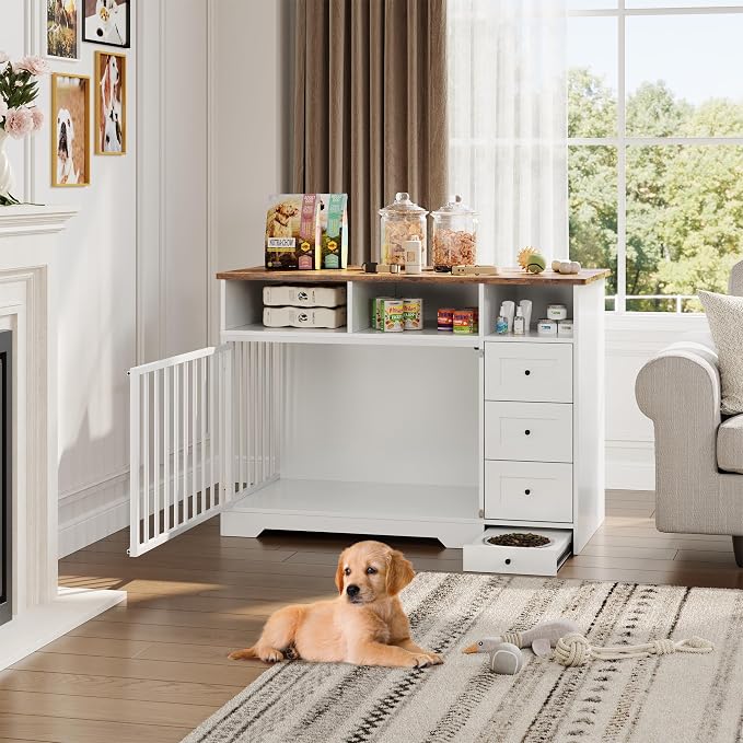 Heavy Duty Dog Crate Furniture, 48 Inch Modern Wooden Dog Kennel Indoor with Storage & 6 Drawers, Hidden Bowl, Sliding Lock End Table for Medium to Large Dogs
