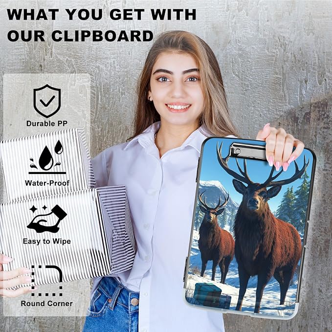 A4 Clipboard with Storage Pen Holder, Clipboards Organizer Nursing Clipboard Foldable File Folder Plastic Clipboard Folio Clip Board for Office Work Classroom Doctor, Snow Mountain Deer