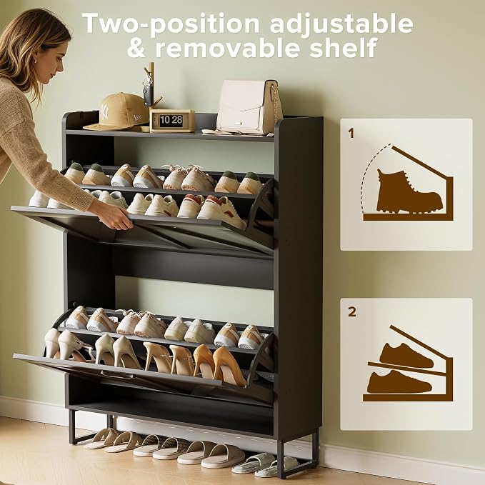 Urban Deco Shoe Cabinet with 2 Flip Drawers, Slim Shoe Storage for Entryway | Space Saving Shoe Cabinet with Flip Drawers, Shoe Storage Organizer for Entryway, Narrow Design for Small Spaces, Black