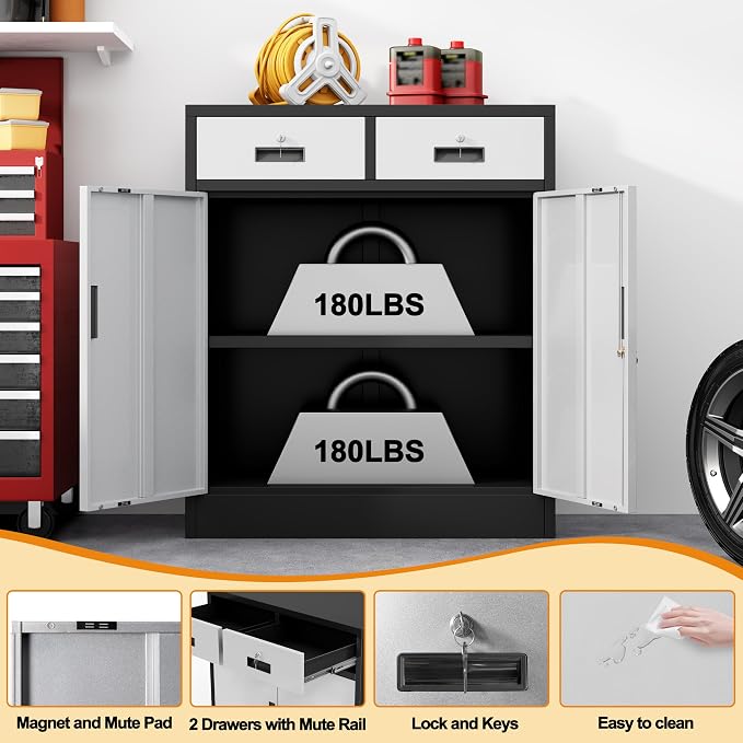 Wanfu Metal Storage Cabinet, 36" H Locking Storage Cabinet with 2 Drawers and Adjustable Shelf, Metal Cabinets for Office, Garage, Home-Black and Silver