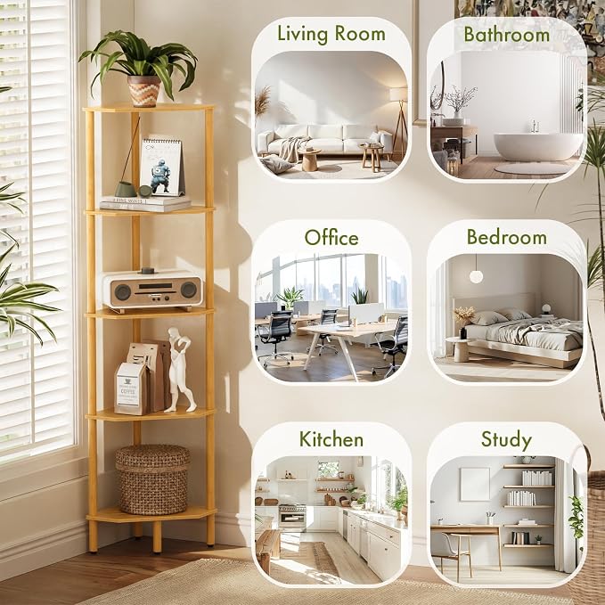 Corner Shelf, 5 Tier Bamboo Corner Bookshelf, 54" Tall Narrow Bookcase, Plant Stand, Corner Display Rack, Shower Caddy, Display Standing Shelf Organizer for Bedroom, Living Room, Kitchen, Apartment