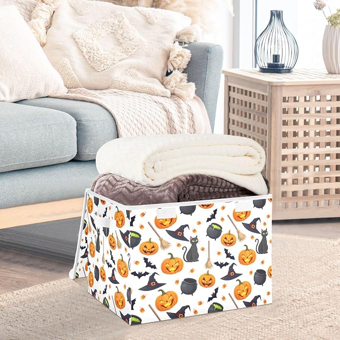 senya Halloween Storage Baskets Collapsible Storage Bins with Lids, Halloween Pumpkin Black Cat Ghost Bat Pattern Storage Boxes Clothes Baskets for Organizing