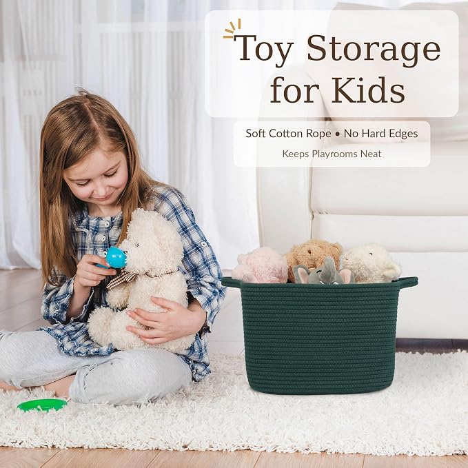 XUANGUO Woven Cotton Rope Storage Basket13x10x9 inch Forest Green | Woven cotton rope basket for shelves and closets. Perfect for toys, books, clothes, nursery storage and gift baskets.