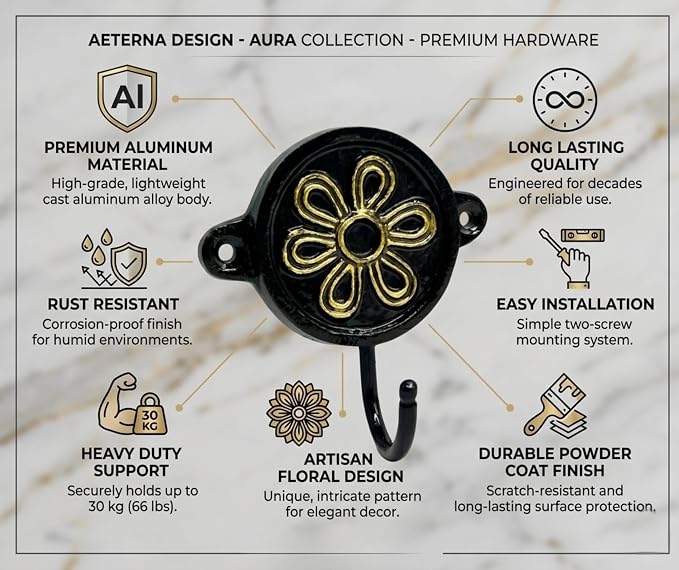 Aluminium Flower Print Wall Hook for Home Décor | Decorative Floral Wall Mounted Hook Rack for Coats, Keys, Towels, Bags & Hats | Rustic Vintage Multipurpose Organizer for Entryway, Bathroom & Bedroom
