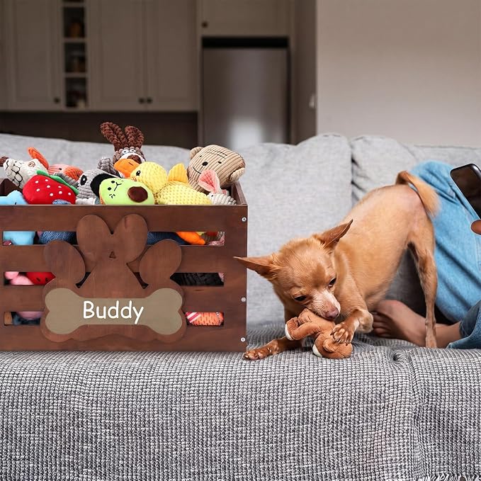 Cinnvoice Large Dog Toy Basket Wood Dog Toy Bin Storage Box with Handles and Label Position Design Large Organizer with Paw Pattern Print for Pets Toys Food Blankets Clothes 18"x12"x10" (Dark Brown)