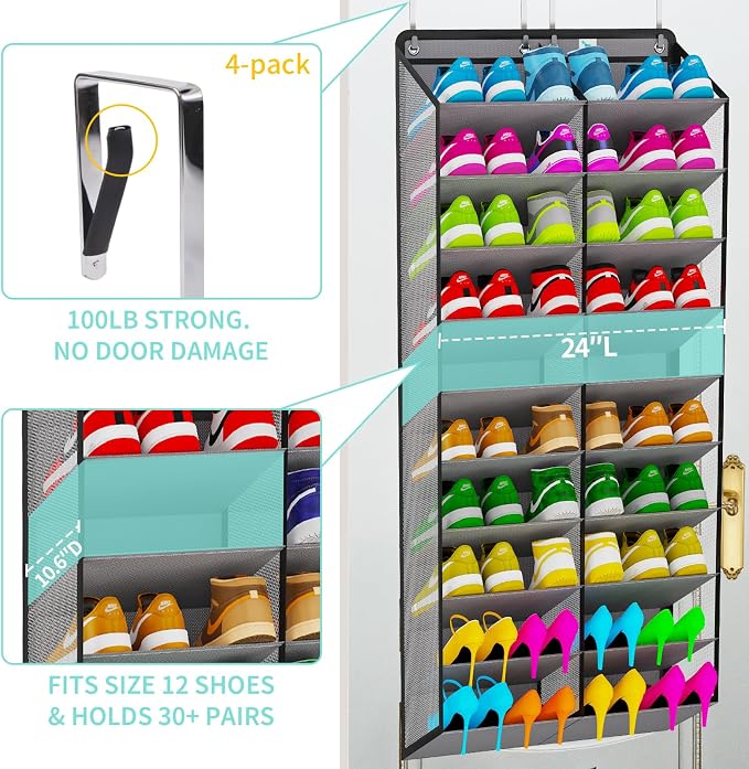 Large Shoe Rack for Door 74 x 24 Inches, Over the Door Shoe Organizer, Heavy-Duty Hanging Shoe Storage for Closet, Extra-Wide 30 Pairs Shoe Holders Fit Family Sneakers Heels Boots - Grey
