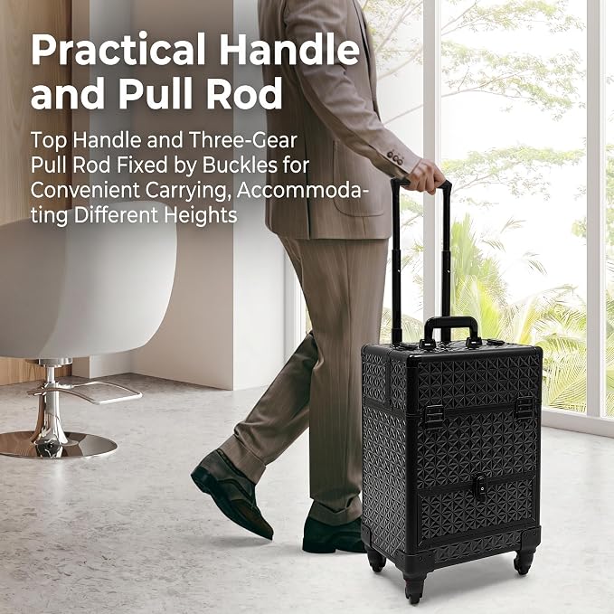 Rolling Makeup Train Case,Wheeled Manicure Storage Organizer | Makeup Travel Case with Wheels Salon Barber Case Traveling Cart Trunk for Cosmetologist Nail Tech Hairstylist