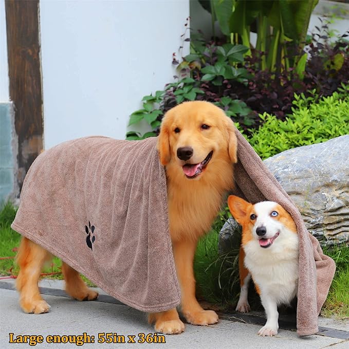 Dogvingpk Extra Large Dog Towel - Pack of 3 - Super Absorbent Soft Microfiber Pet Bath Grooming Towels for Drying Dogs and Other Pets (XL-55" * 36", Green and Brown and Gray)
