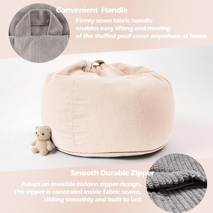 LPMOERA Stuffed Animal Storage Soft Bean Bag Chair Cover No Filler Beige | Skin-Friendly,Portable,Wide Easy-Load Opening,Hidden Zipper,Decorative Organizer