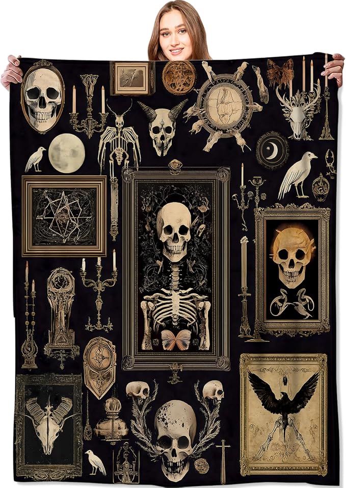 Gothic Skull Witchy Blanket Goth Skeleton Vintage Picture Frame Throw Blankets,Gifts for Kids Adult Women Men,Lightweight Soft Fleece,Horror Lovers,Sofa Couch Bed Room Halloween Decor 50x60in