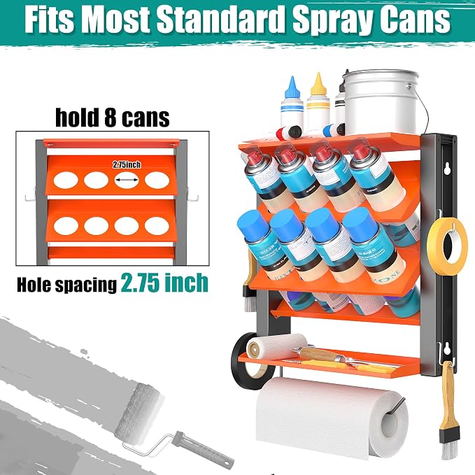 EVERHANGER Spray Can Holder, Wall Mount Spray Bottle Storage Rack Heavy Duty Spray Paint Bottle Organizer for Garage & Home (17.3in for 8 Cans)