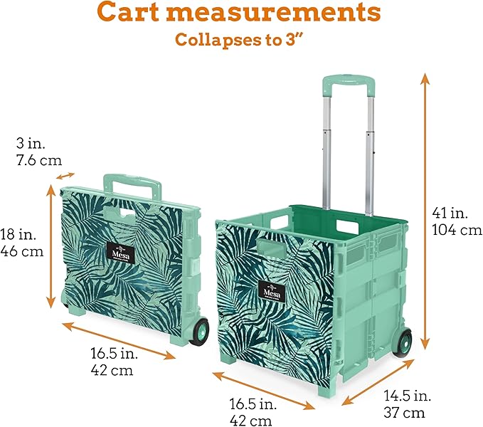 Inspired Living Ultra-Slim Rolling Collapsible Storage Pack-N-Roll Utility-carts, with Telescopic Handle, for Home, Garden, Shopping, Office, School use, Large, Motif Print