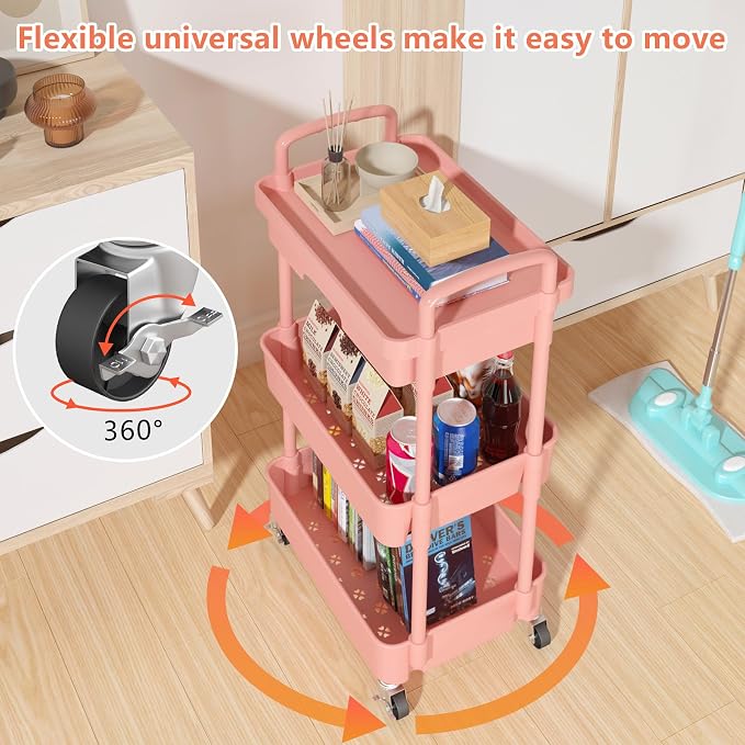 Calmootey 3-Tier Utility Cart with Drawer & Wheels, Storage for Home,Office | Space-Saving Organizer, Sturdy Plastic Shelves, Smooth-Rolling Metal Wheels, Built-in Drawer for Small Items, Pink