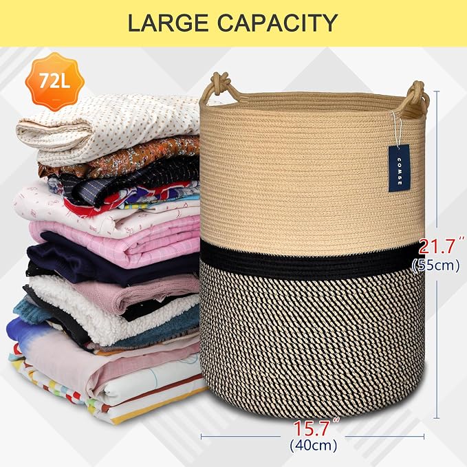 COMSE Tall Woven Blanket & Laundry Basket, 72L, Blend Brown & Black | 15.7”x 21.7”, Cotton Rope, Large Nursery Hamper for Storage of Toys Clothes Towels, Great for Living Rooms Bedrooms Bathrooms