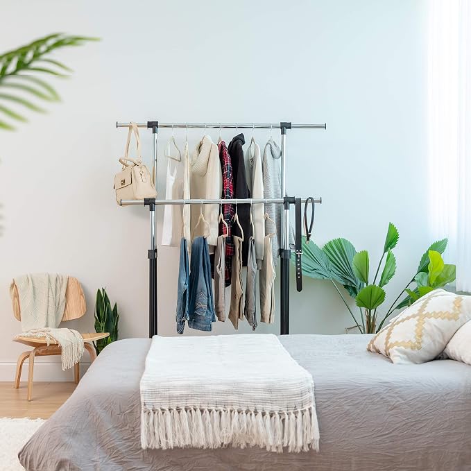 IRIS USA Portable Double-Rod Height Adjustable Clothes Rack with Extendable Bar and Lockable Wheels, Rolling Garment, Double Rod Wardrobe Rack, Easy Assemble, for Clothes, Belts, Shoes, and Bags | Adjustable hanging space for garments, accessories, and...