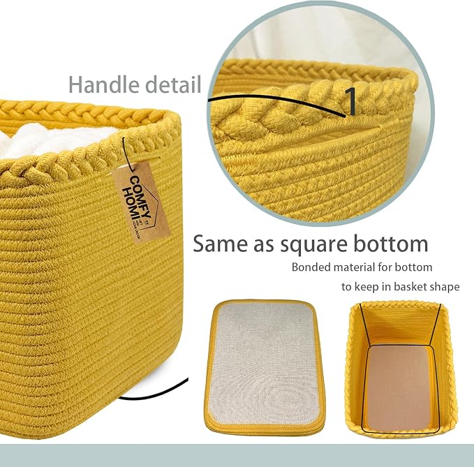 COMFY-HOMI Cotton Rope Woven Basket with Handles for Shelves,Toys,Book, Cloth Storage Baskets Bin for Organizing- 1 PCSToy Decorative Organizer for Living Room, Bathroom