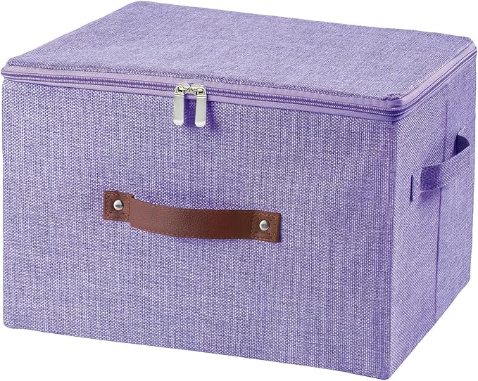 Storage Bins with Zipper Lid Decorative Lidded Storage Boxes | Collapsible Cotton Linen Fabric Storage Baskets, PU Leather Handle, Stackable Shelf Closet Organizer Container(Purple, Large)