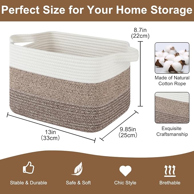 OIASKET Storage Basket for Organizing, Woven Baskets for Storage, Rectangle Decorative Baskets for Shleves, Closet, Toys, Book, Nursery Organizer Bins - Pack of 3 (Gradient Dark Brown, 13"x9.85"x8.7")