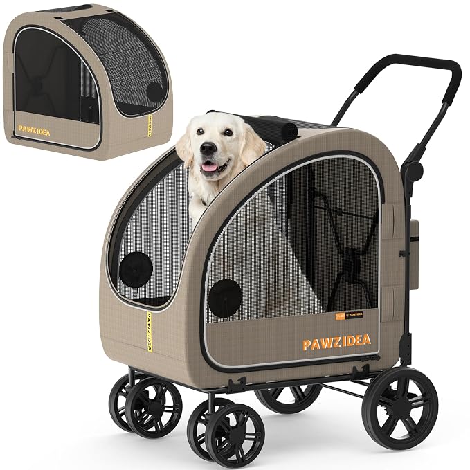 PAWZIDEA 3-in-1 Large Dog Stroller with Detachable Carrier, 45% Extra Tall | Dog Crate Car Travel for 2 Medium Dogs Sit Upright, Foldable Jogger Pet Stroller All-Terrain Up to 100lbs, Storage Organizer