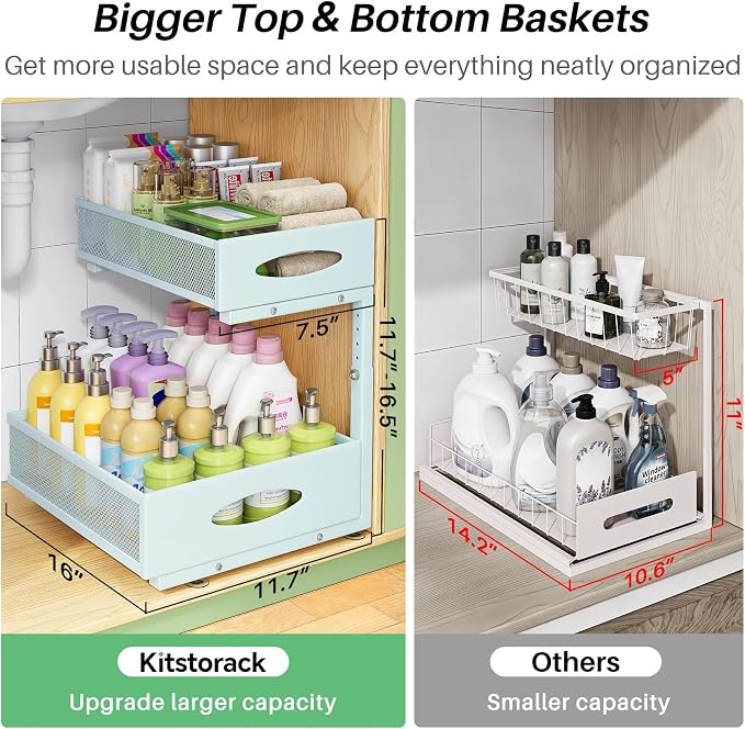 Under Sink Organizer, 1-Pack Pull Out Cabinet Organizer 2 Tier Metal Slide Out Storage Shelf Rack, L-Shaped Adjustable Height,Mesh Sliding Drawer for Kitchen, Bathroom, Laundry, Pantry, Blue, XL