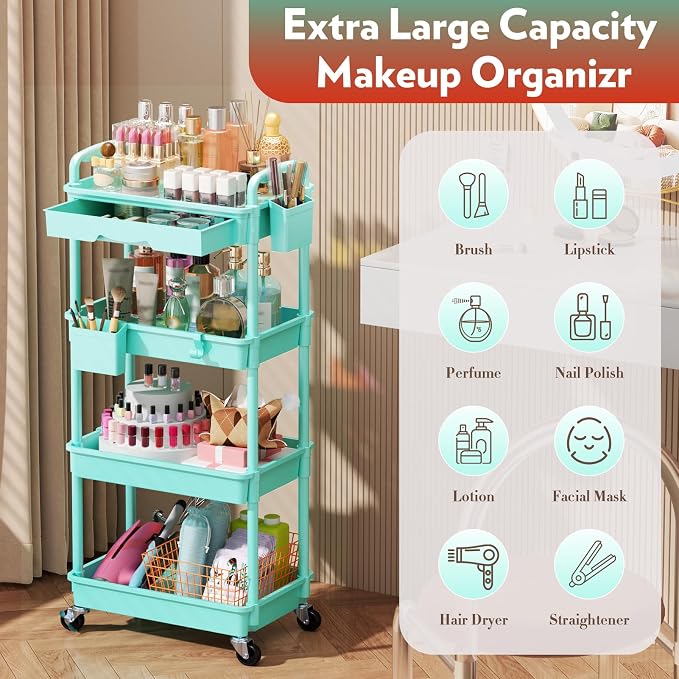 SUNALLY Makeup Cart Organizer with Drawer, 4 Tier Rolling Makeup Cart, Blue | Rolling Vanity Storage for Skin Care Perfume Nail Polish, Floor Skincare Organizers Cosmetics Display Bathroom Storage Cart