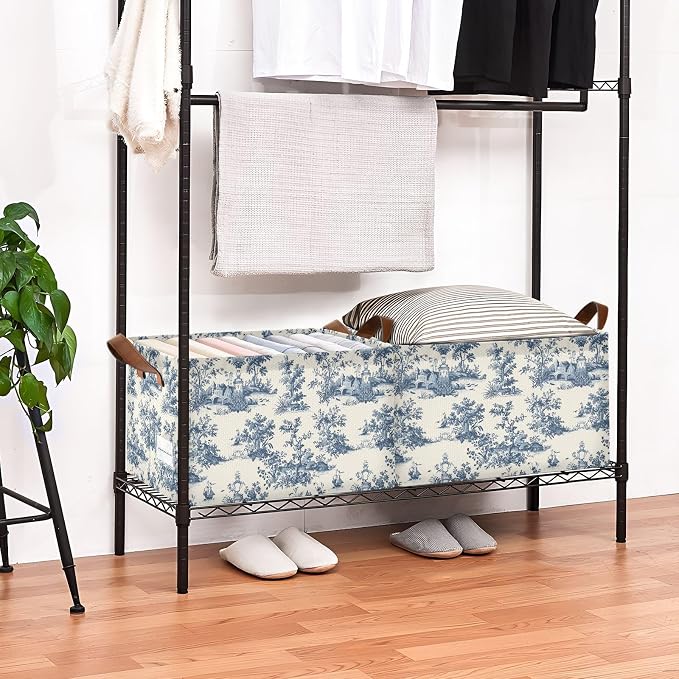 French Country Storage Bins for Shelves with Labels&Handles Fabric Organizer Bin Foldable Rectangle Beige Blue Vintage Storage Basket Boxes for Closet, Bathroom, Home, Living Room, 2 Pack