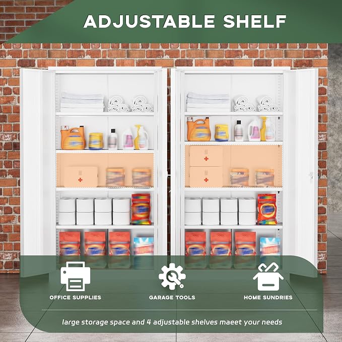 Greenvelly Metal Storage Cabinet, 72" Locking Metal Garage Storage Cabinet with Doors and 4 Adjustable Shelves, Lockable Steel Cabinets for Home Office, Garage, Shop, School (White 36" W x 18" D)