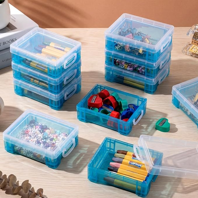 Suzile 50 Pcs Plastic Crayon Box with Lid 4.8 x 3.4 x 1.6, Blue | Small Crayon Storage Containers Bulk, for Office School Classroom, Art Crafts Pen Pencil Organizers, Back to School Supplies